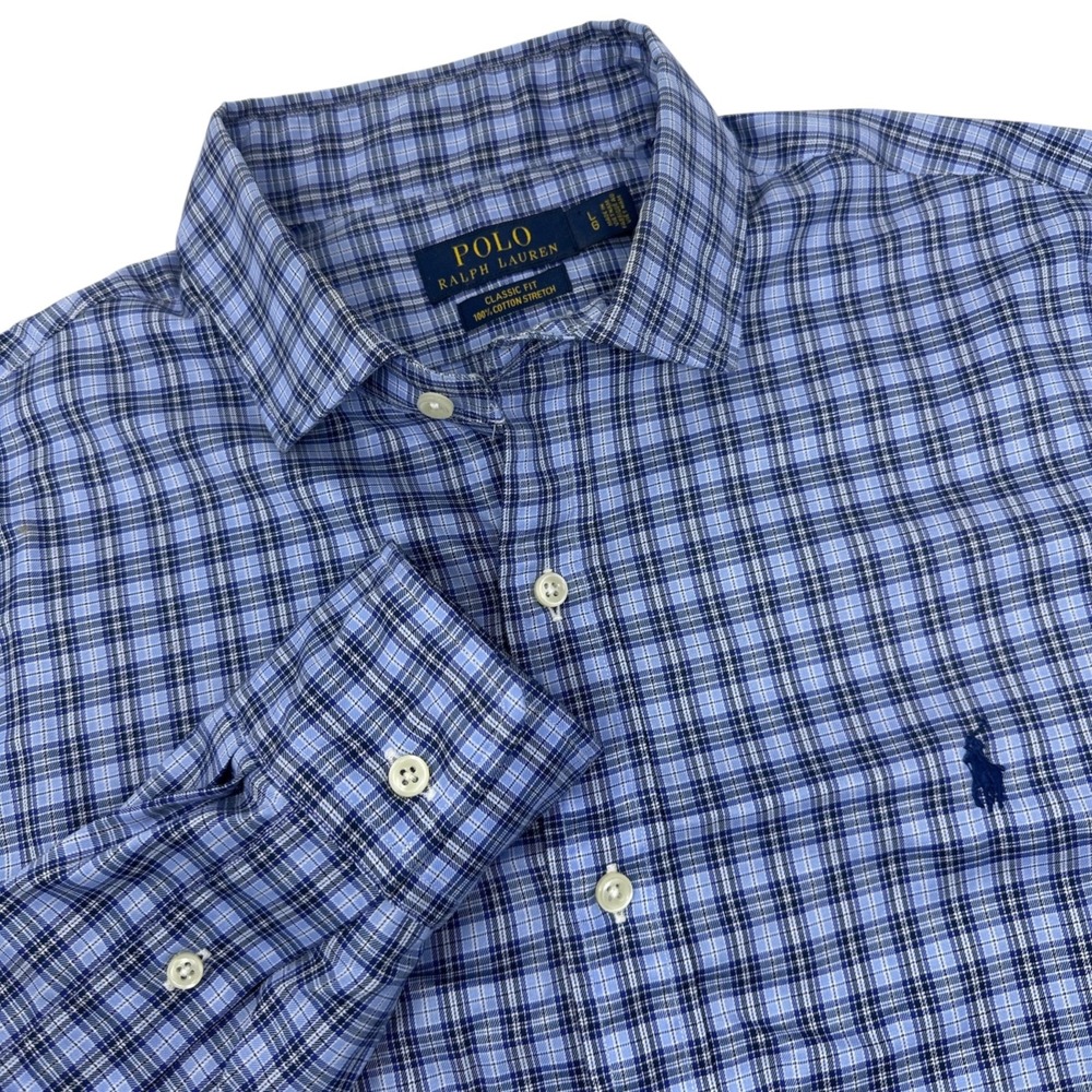 POLO RALPH LAUREN Classic Fit 100% Cotton Stretch Blue Check Button Up Shirt L